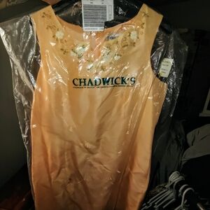 Chadwick's Peach Sleeveless Dress with Floral Neck Embroidery